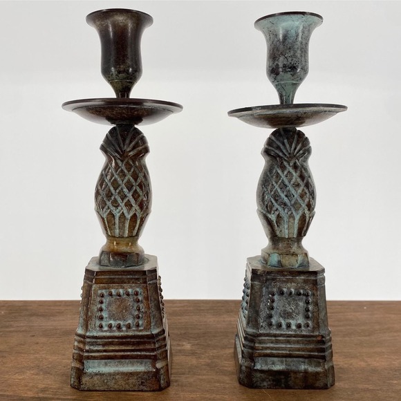 Vintage Brass Pineapple Taper Candle Holder Set of 2 Ornate Pedestal Patina